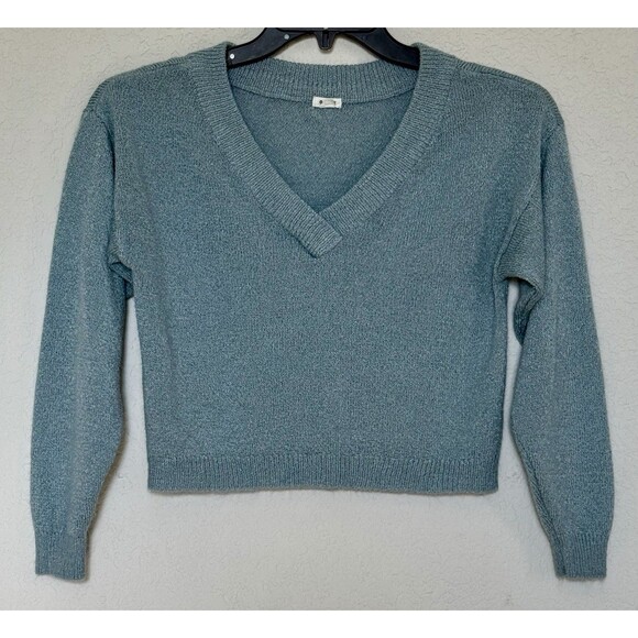 GARAGE Sweater Womens Sz XS  Teal V Neck Pullover Cropped Knit Lightweight Top - Picture 1 of 6